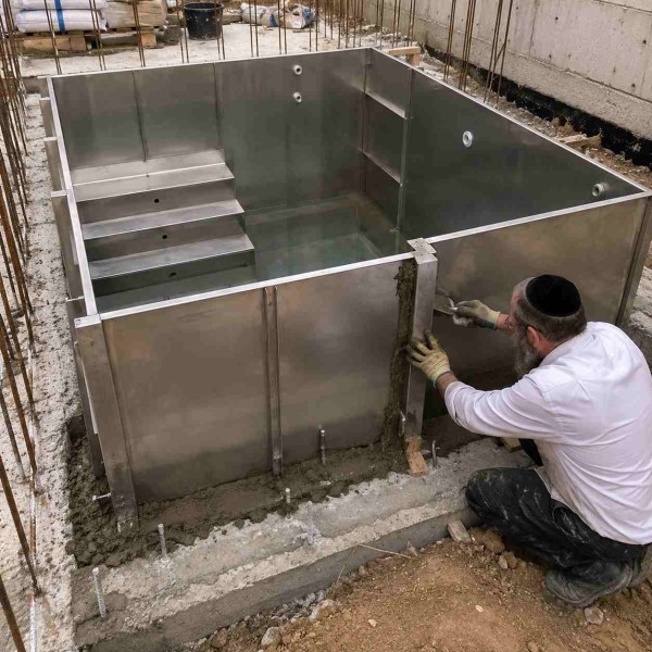  מקוה מחלקי כלי שחוברו לקרקע בדרך בנין
